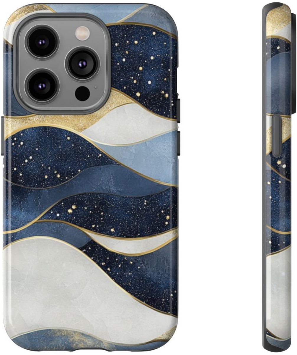 Abstract Blauw-Goud Golvenpatroon – Telefoonhoesje Geschikt voor iPhone 14 Pro