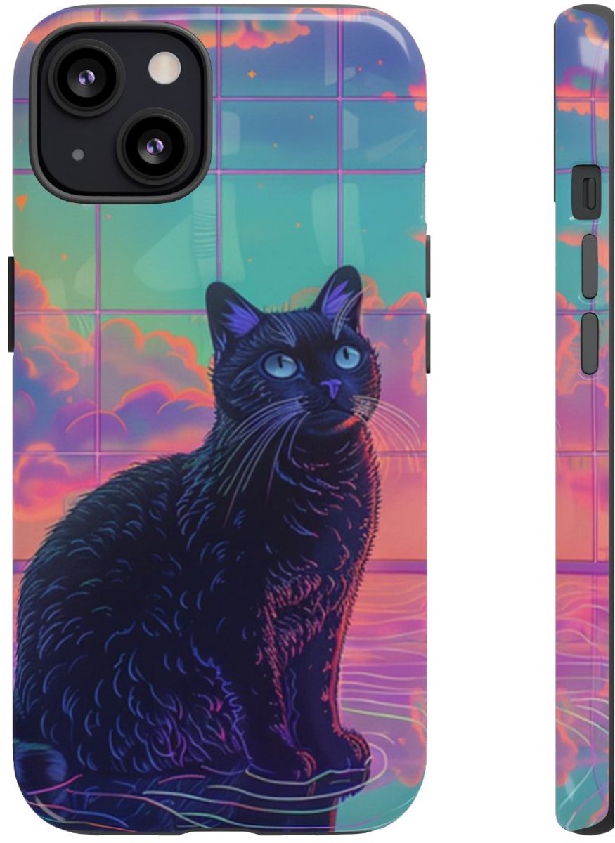 Zwarte Kat met Neonlucht Reflectie – Telefoonhoesje Geschikt voor iPhone 13