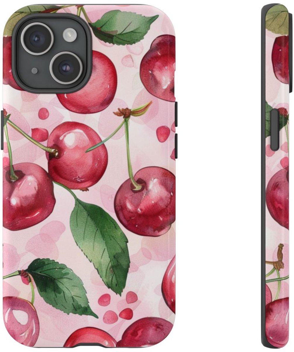 Aquarel Kersenpatroon – Glanzend Stevig Telefoonhoesje Geschikt voor iPhone 15