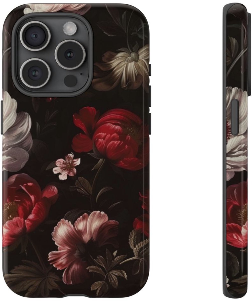 Donker Bloemmotief met Glans – Telefoonhoesje Geschikt voor iPhone 15 Pro