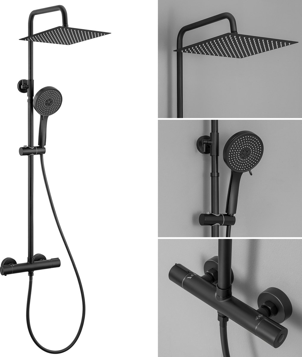 Sofetiy Max Regendouche met Thermostaatkraan - Zwart Douchesysteem Regendouche met 5-functie handdouche - Mat Zwarte Doucheset - Handdouche - Doucheset Mat Zwart