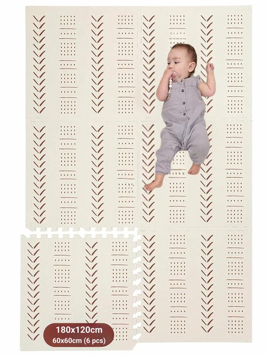 Tapis de jeu en mousse KinderNest Bébé - 6 pièces, testé, sûr, antidérapant, doux et imperméable - Beige, 180 x 120 cm