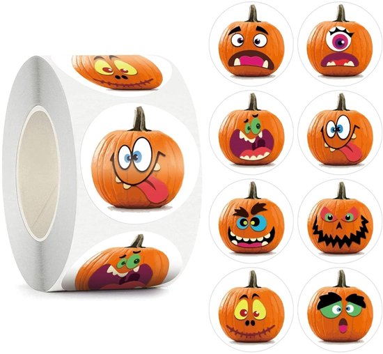 Rouleau d'autocollants aléatoires de citrouilles folles et neuf autocollants individuels de citrouilles folles.