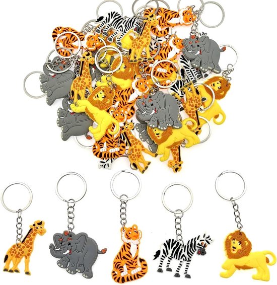 30x Sleutelhanger set met Jungle dieren voor kinderfeestje - wilde dieren sleutelhangers - zebra, tijger, leeuw, olifant, giraf - feesttas vullers, bedankjes