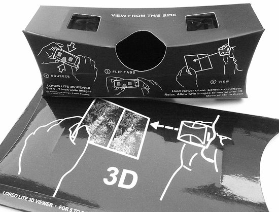 Kartonnen 3D-stereoviewer met instructies voor het bekijken van 3D-afbeeldingen.
