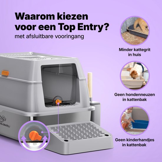 Grijze top entry kattenbak met oranje details, filter en opstapje. Kleine afbeeldingen tonen kattenbakvulling, een hond die eet, en een baby.