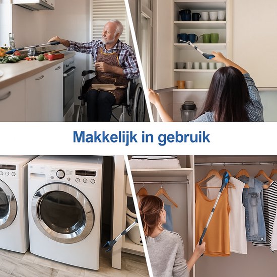 Grijper makkelijk in gebruik in de keuken, bij kasten, wasmachines en in de kast.
