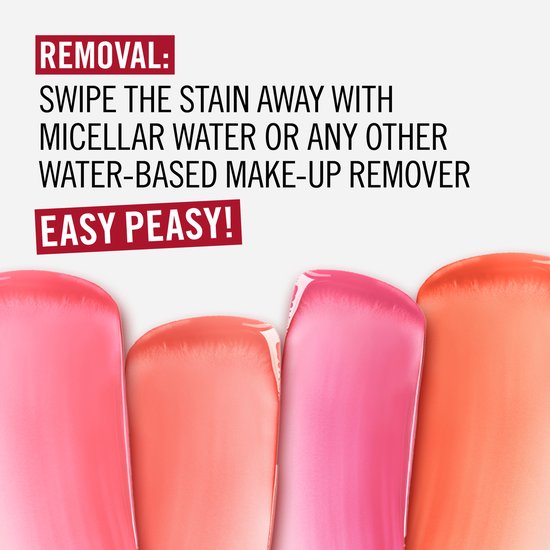 Vier swatches van lip- en cheek tint in perzik, roze en oranje tinten. Tekst: 'REMOVAL: SWIPE THE STAIN AWAY WITH MICELLAR WATER OR ANY OTHER WATER-BASED MAKE-UP REMOVER. EASY PEASY!'