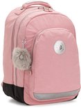 Sac à dos Kipling rose avec porte-clés gris moelleux et logo Kipling argenté.