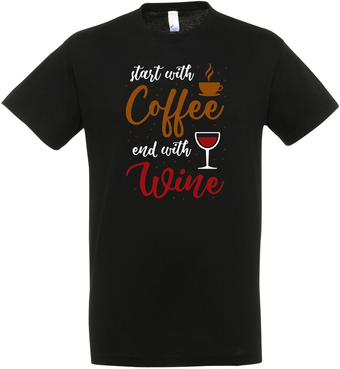 Start With Coffee And End With Wine T-shirt – Grappige T-shirts – Humor Cadeau Kermis – Drank – Feest – Wijn Shirt – Dagplanning T-shirt – Maat L