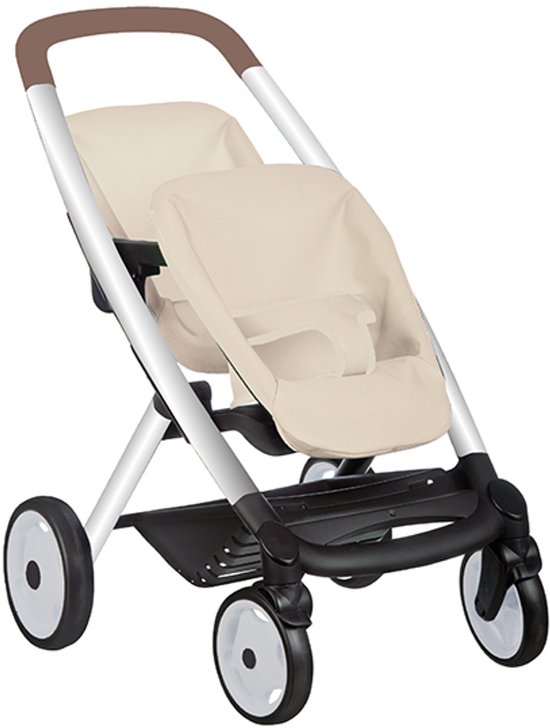 Duowagen met zilverkleurig frame, beige bekleding en bruine duwstang.