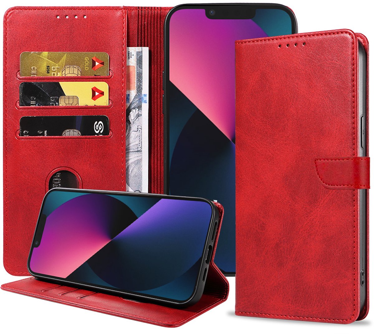 Geschikt voor iPhone 13 Mini Telefoonhoesje Kunstleer met Magnetisch lipje en Pasjeshouder Book Case met Klepje - Rood - Smartphonica geschikt voor iPhone 13 Mini