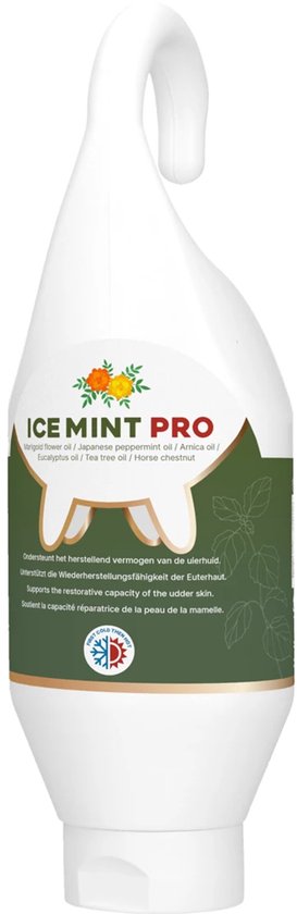 Tube blanche avec le texte "ICE MINT PRO" et des ingrédients tels que le calendula et l'huile de menthe poivrée.