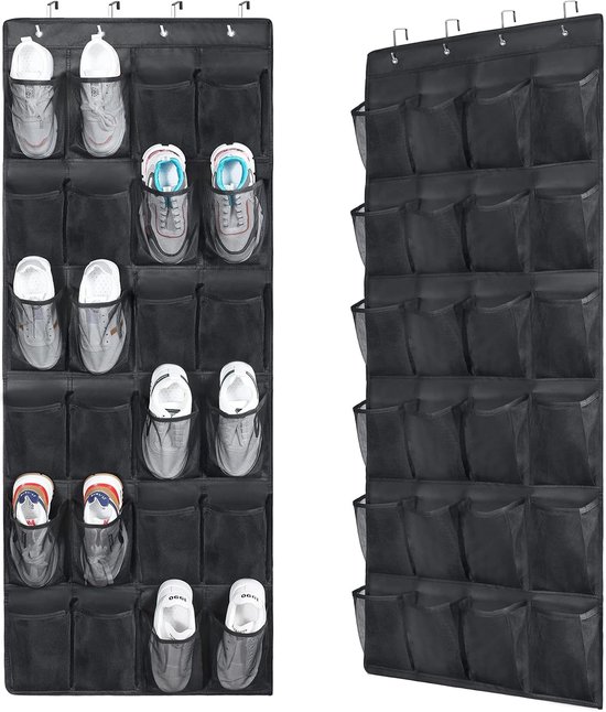 Opslag van schoenen om op te hangen achter de deur, 2 stuks, 11 schoenenvakken, hangend rek met 6 haken, organizer voor slaapzaal, kastdeur, zwart (1 x grijs