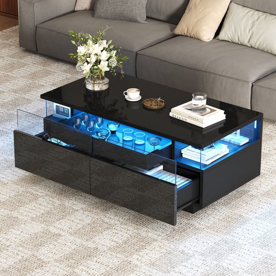 Table basse Sweiko - Finition brillante - Avec plateau - 2 tiroirs - Éclairage LED- Zwart