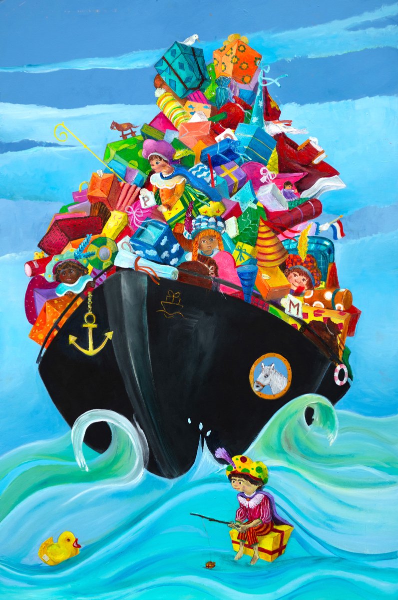 Poster sinterklaas en de pakjesboot - De pakjesboot van sinterklaas met zijn pieten 40x60cm - Poster cadeau voor de kinderkamer - Twinkelschilderijen | Incl. GRATIS ophangsysteem |