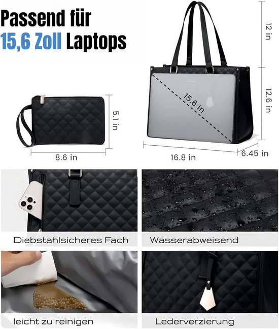 Lunch Tas, 2-in-1 Lunch Tas Handtas Combinatie, 15,6-inch Handtas Met Geïsoleerde Lunch Kamer, Lunch Tas, Vrouwen Koeltas, School Kantoor Isolatie Tas (zwart)