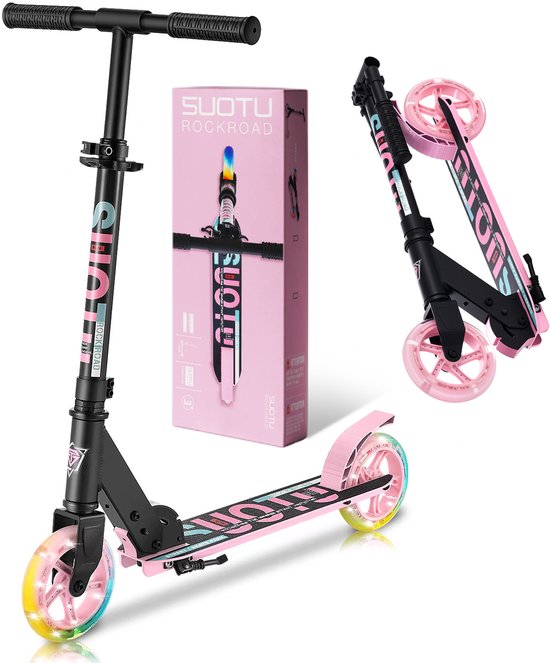 Suotu Kinderstep - 145mm Lichtgevende Wielen - Step - Speelgoed Jongens/Meisjes - Max stuurhoogte: 85 cm - Aluminium - Roze/Zwart