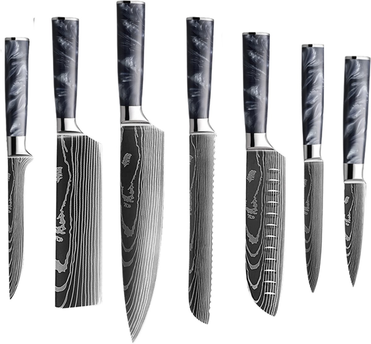 Dastium Home - 7 Delige Damascus Messenset - Damascus Stijl Japanse Keukenmessen - Messen Met Damascus Print - Met Ergonomisch Zwart Epoxy Handvat - Koksmes - Santoku Mes - Broodmes - Nakiri Mes - Uitbeenmes- Universeel Mes- Schilmes