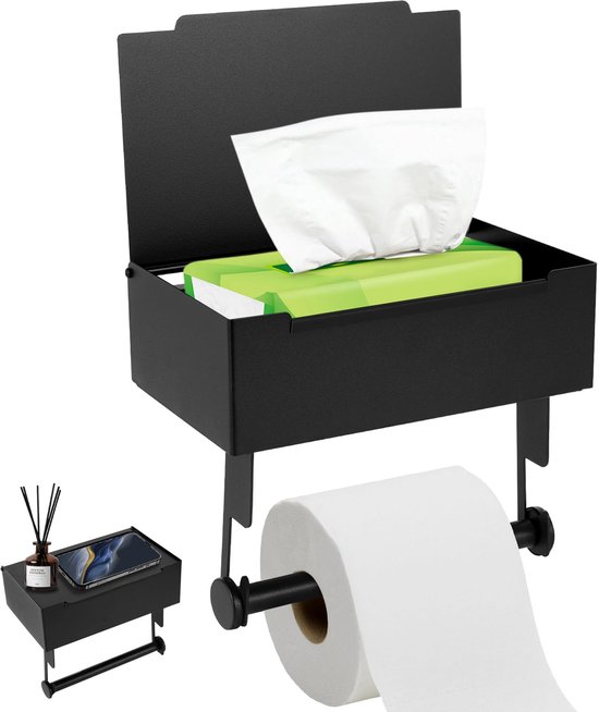 Relaxdays toiletrolhouder zonder boren, zelfklevend, mat design, voor aan muur, toilet of badkamer, wc-rolhouder, zwart