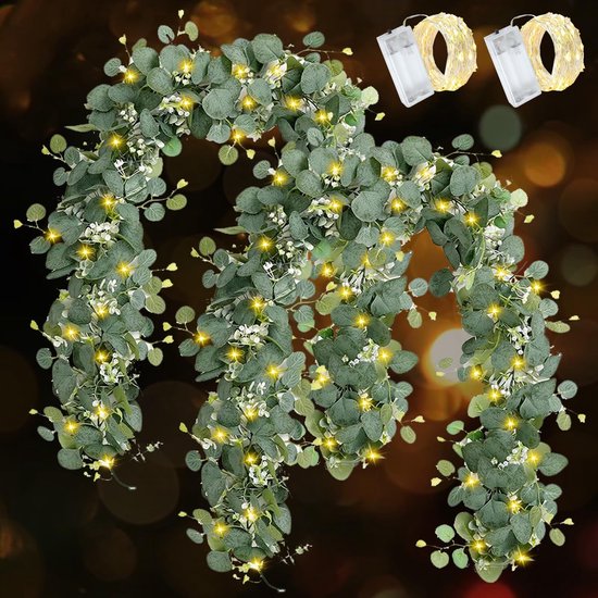 AGEOMET 3 stuks kunstmatige eucalyptus slinger eucalyptus wijnstokken, groene slinger samengesteld uit 2 soorten eucalyptus bladeren voor kamerdecoratie, bruiloft slinger lente slinger voor bruiloft muur tafel decor