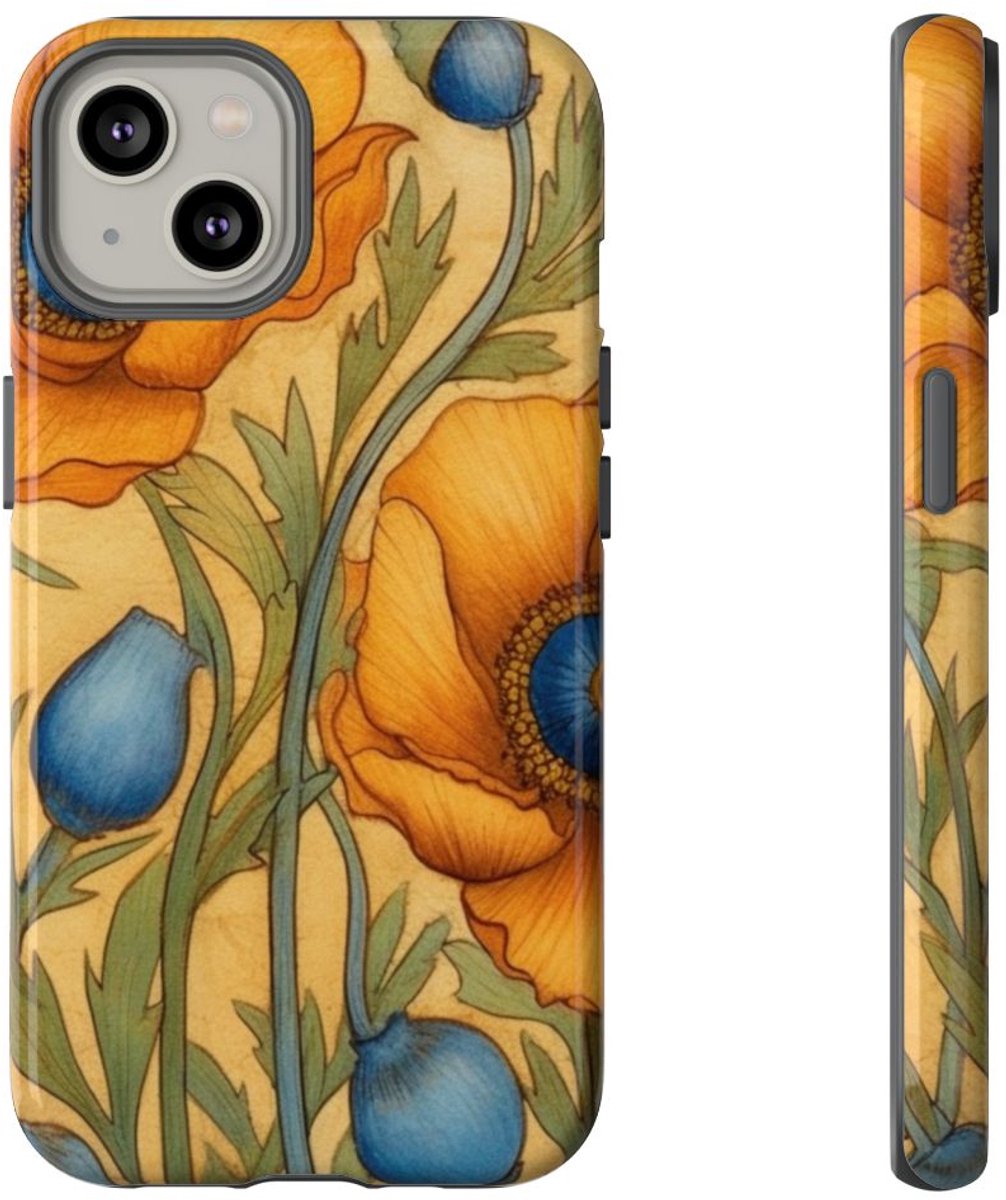 Gouden Klaprozen met Blauwe Harten – Telefoonhoesje Geschikt voor iPhone 14