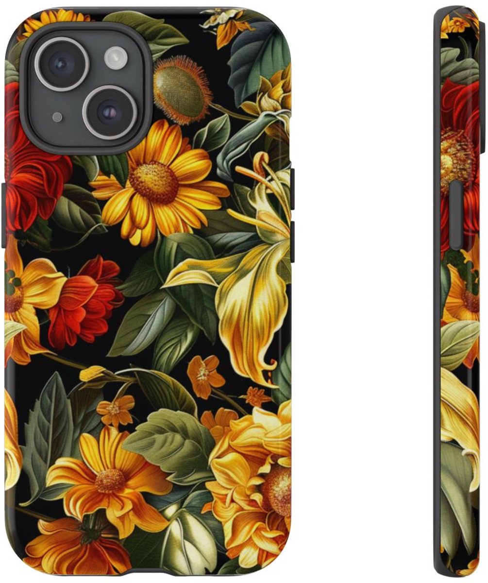 Vrolijk Gele en Rode Bloemenprint – Telefoonhoesje Geschikt voor iPhone 15