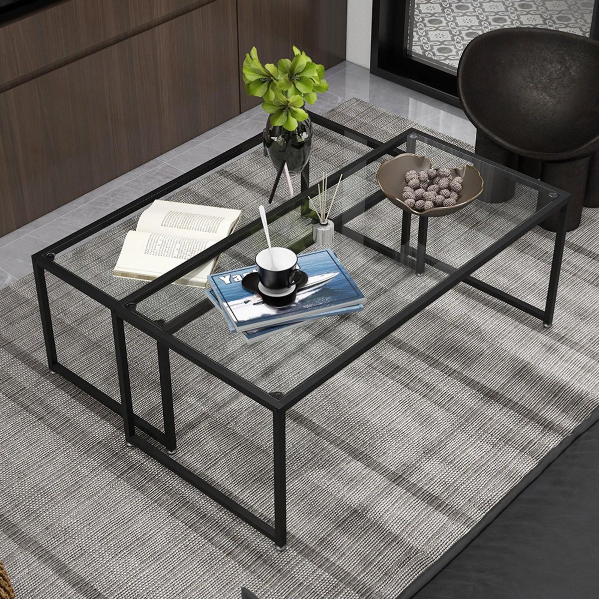 Sweiko Salontafel - Set van 2 - Glazen tafelblad - Stalen frame - Zwart
