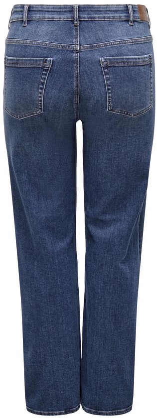 Achterkant van een rechte spijkerbroek met hoge taille in middendonkere wassing.