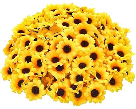 Un grand bouquet de tournesols artificiels jaune vif avec des centres brun foncé.