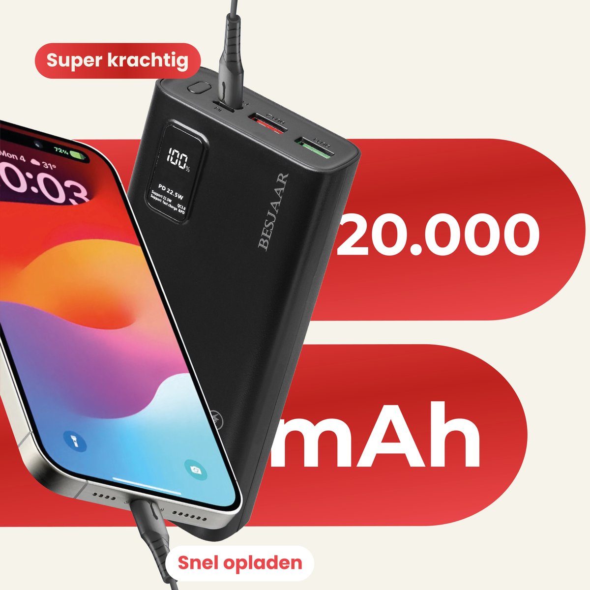 Powerbank 20000 mAh – 22.5W Ultra Snellader - USB-A/USB-C - LED Indicatie - Universele Powerbanks Geschikt voor iOS/Android - Zwart van Besjaar — cadeau in Gadgets - foto 7