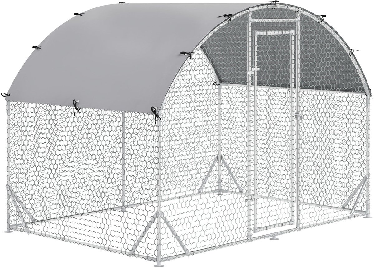 Merax Kippenren Buiten 280x190x197 cm – Hondenren of Kippenhok met UV-bestendige Overkapping – Groot Buitenhok Voor 4-6 Kippen of Kleindieren – Verzinkt Staal – Zilver