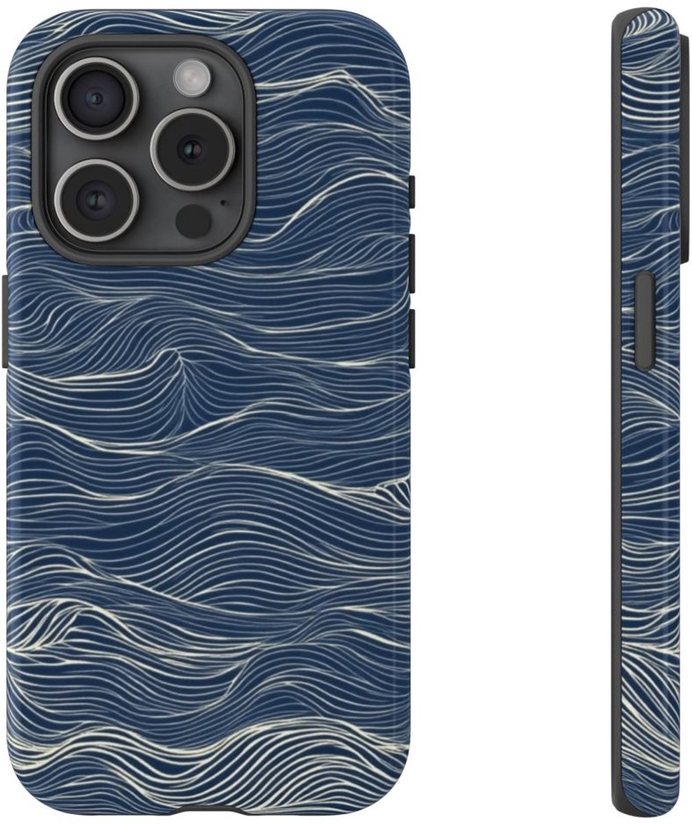 Donkerblauw Golvenlijnpatroon – Telefoonhoesje Geschikt voor iPhone 15 Pro
