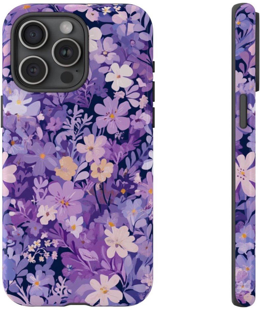 Paars Bloemenpatroon – Telefoonhoesje Geschikt voor iPhone 15 Pro Max