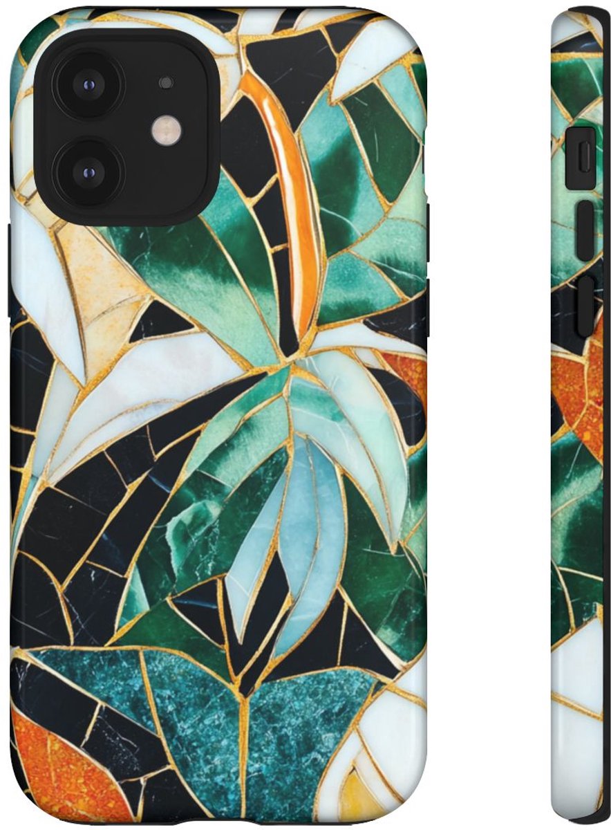 Tropisch Bladmozaïek met Gouden Accenten – Telefoonhoesje Geschikt voor iPhone 12