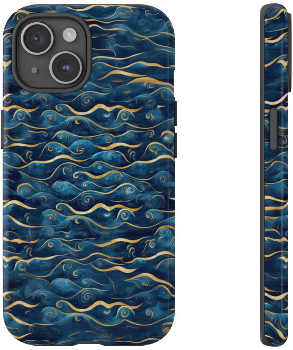 Blauw-Gouden Golfpatroon – Glanzend Stevig Telefoonhoesje Geschikt voor iPhone 15