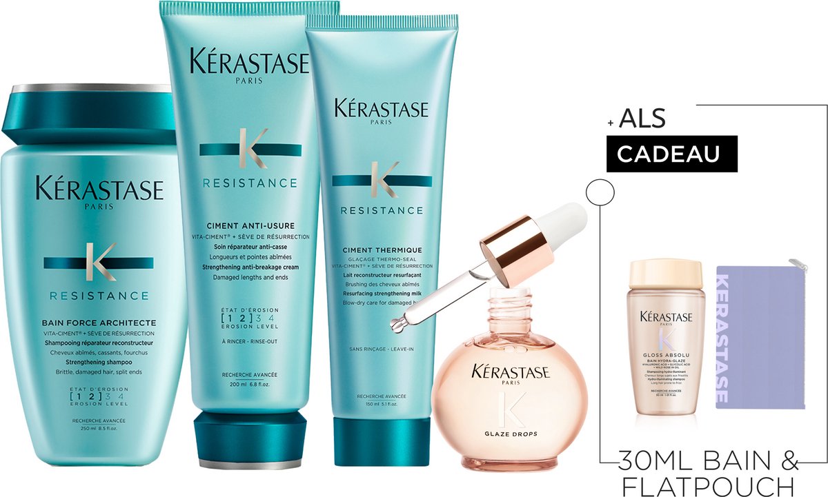 Kérastase Résistance & Gloss Absolu Routine + 2 Cadeau's - Herstellende Shampoo 250ml, Conditioner 200ml, Hittebeschermende verzorging 150ml & Anti-frizz Glaze Drops Haarolie 45ml + Shampoo 30ml & Flatpouch Cadeau - Voor Beschadigd en Pluizig Haar