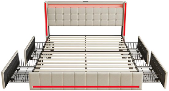 140x200 cm PU gestoffeerd bed met LED en opbergruimte, lattenbodem, tweepersoonsbed, wit