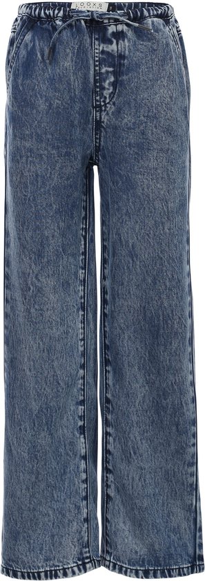 Lichtblauwe wijde jeans met verfspat-effect, tailleband met trekkoord en steekzakken.