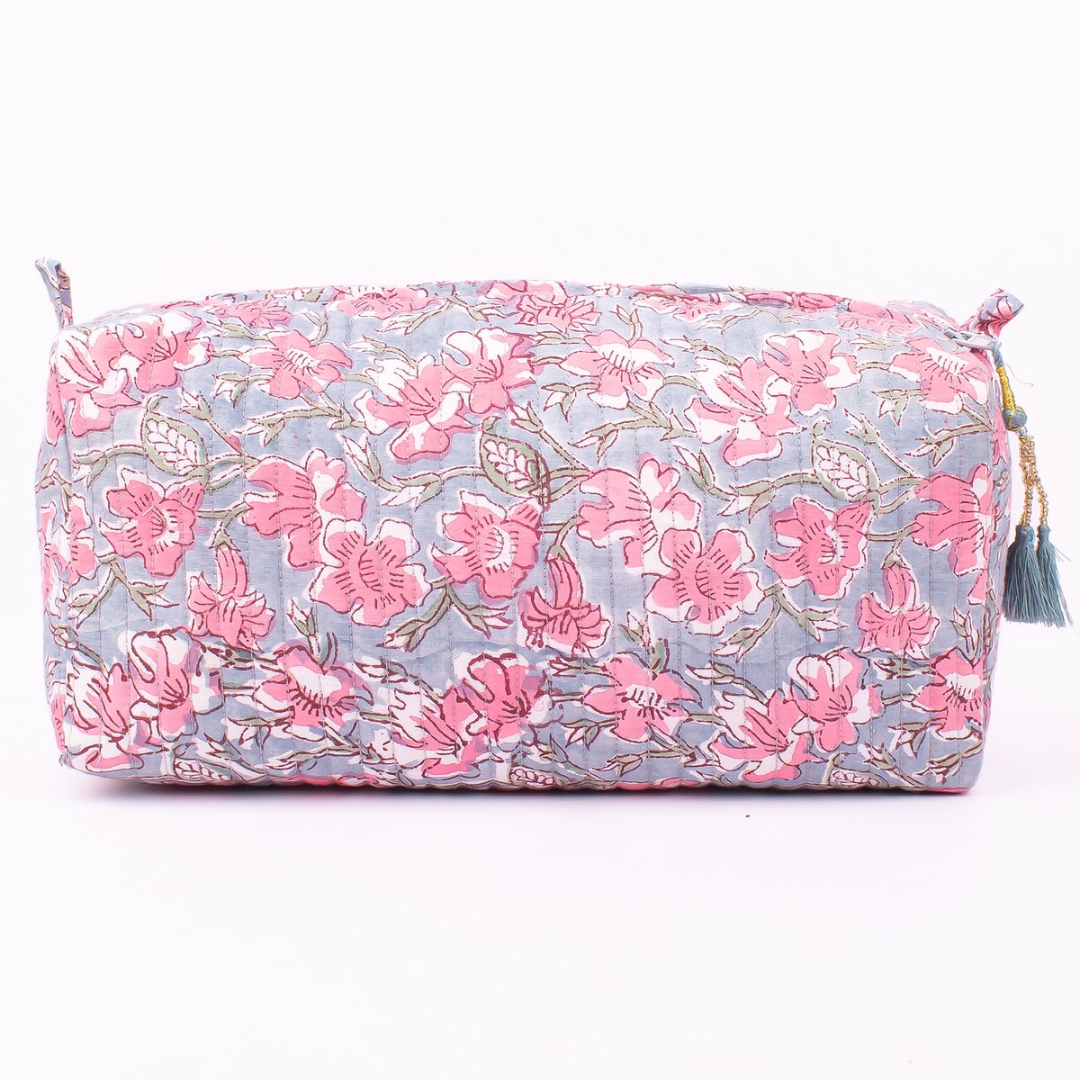 Bambooya make-up tas - Bohemian - Ibiza Style - Made in India - Tassel - lichtgrijs met roze bloemen - Small ( 17 x 12 x 7 cm )