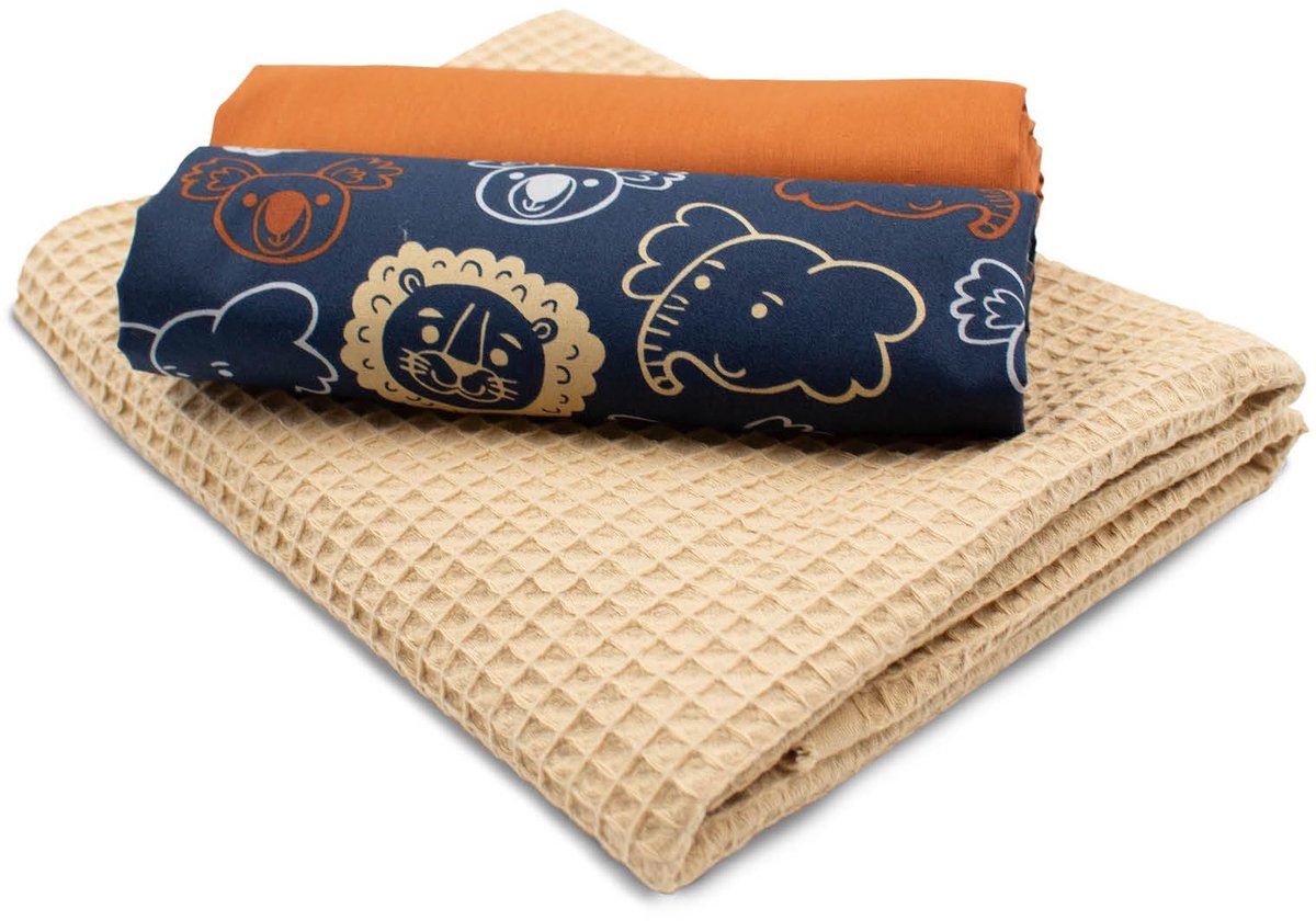 VmG-Store wafel piqué + katoenen stoffenset kleurgecoördineerde wafelstof 100% katoenen stof Tex Standard 100 (Safari Animals Navy Set47)