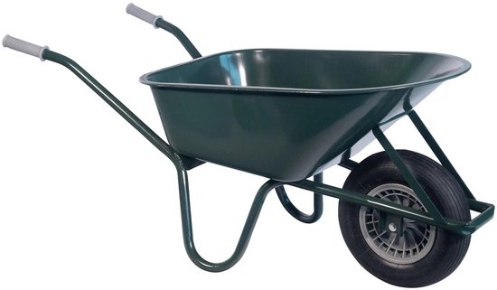 Groene kruiwagen met één wiel, kunststof velg, grijze handvatten en een stalen bak.