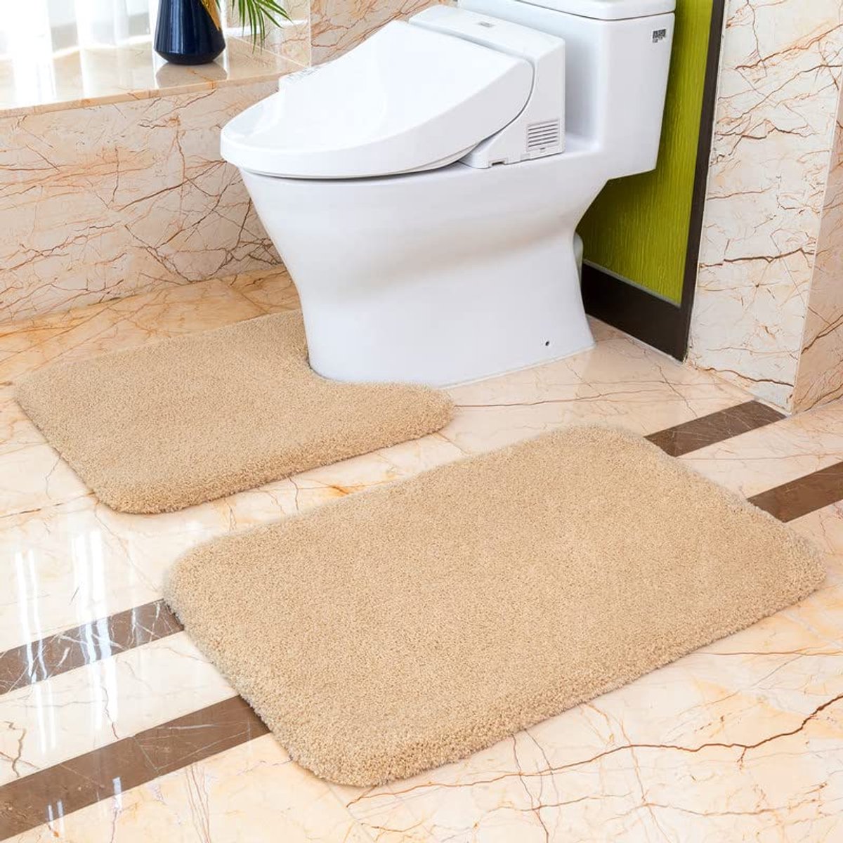 Badmattenset (2-delig), antislip badmattenset, verdikte badmat, badkamerset, zachte, zachte microvezel badmatset, 50 x 80 cm badmat + 50 x 60 cm toiletmat (beige)