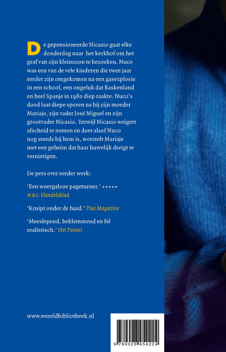 Couverture bleue avec texte blanc et lettres jaunes. "Par l'auteur à succès de Vaderland FERNANDO ARAMBURU ONZE JONGEN"