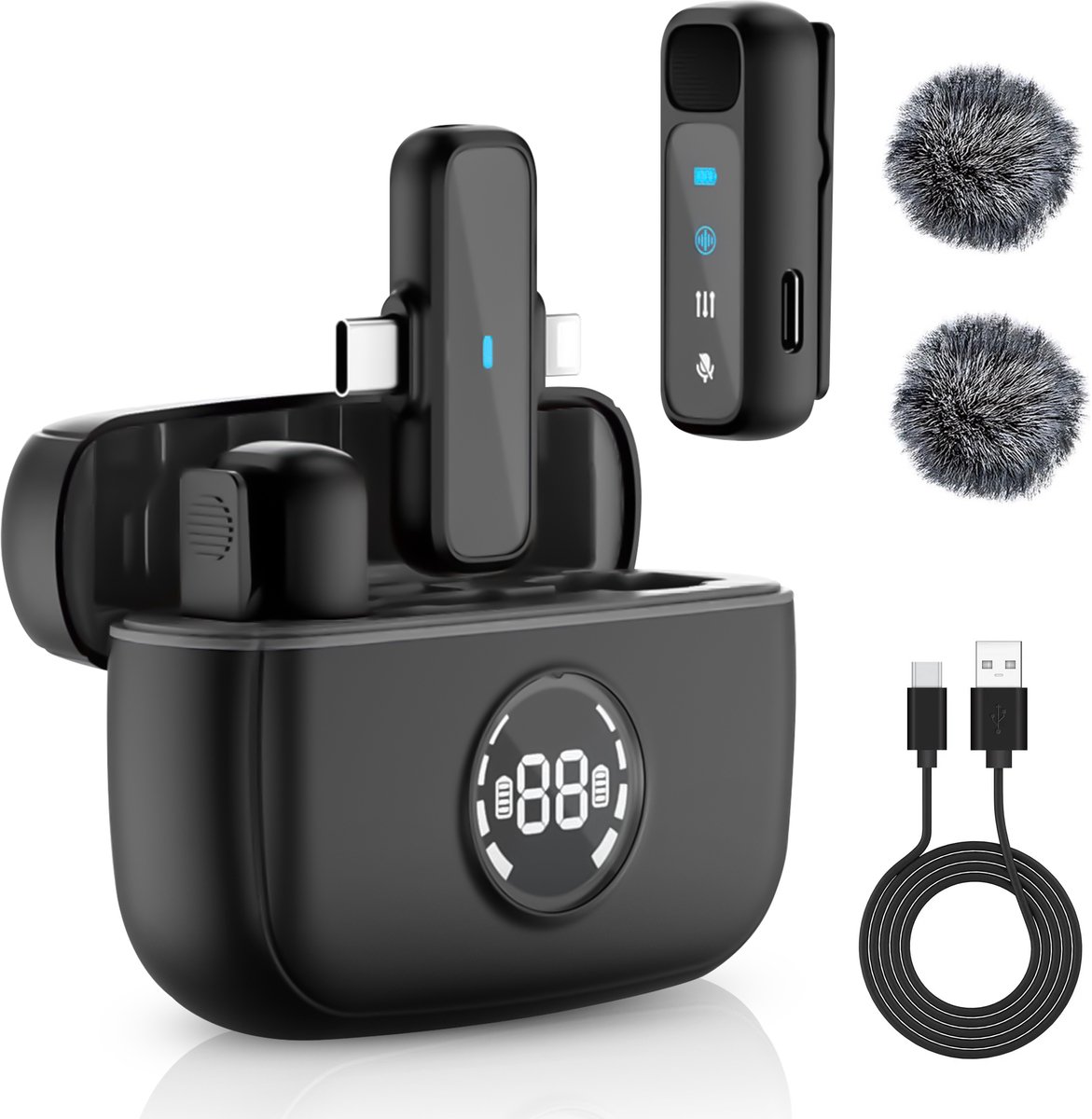 Strolox® Draadloze Microfoon - 2 Stuks - Oplaadcase - Lavalier - Windshields - Dasspeld - Lange Batterij - USB-C/Lightning - Plug & Play