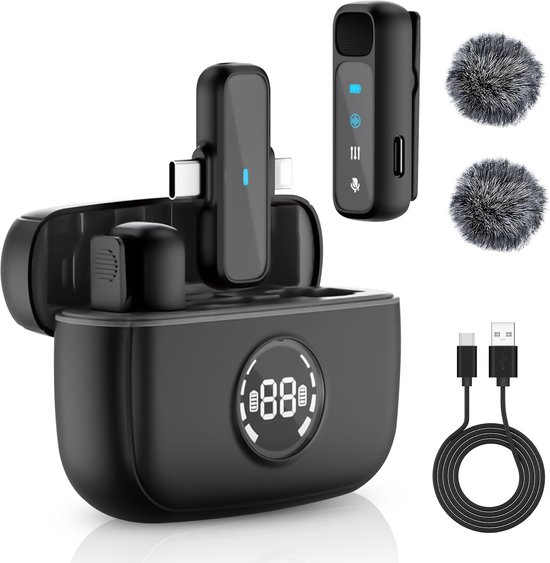 Strolox® Draadloze Microfoon - 2 Stuks - Oplaadcase - Lavalier - Windshields - Dasspeld - Lange Batterij - USB-C/Lightning - Plug & Play