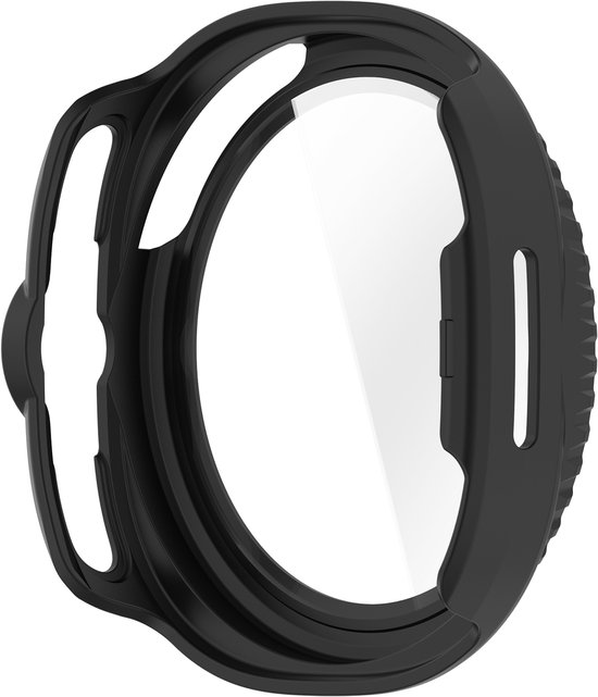 Zwart hoesje met gekartelde rand en uitsparingen voor bandjes, rond een transparante glasplaat.