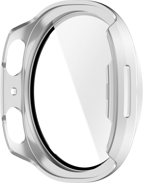 Zilveren smartwatch hoesje met een helder, reflecterend scherm.