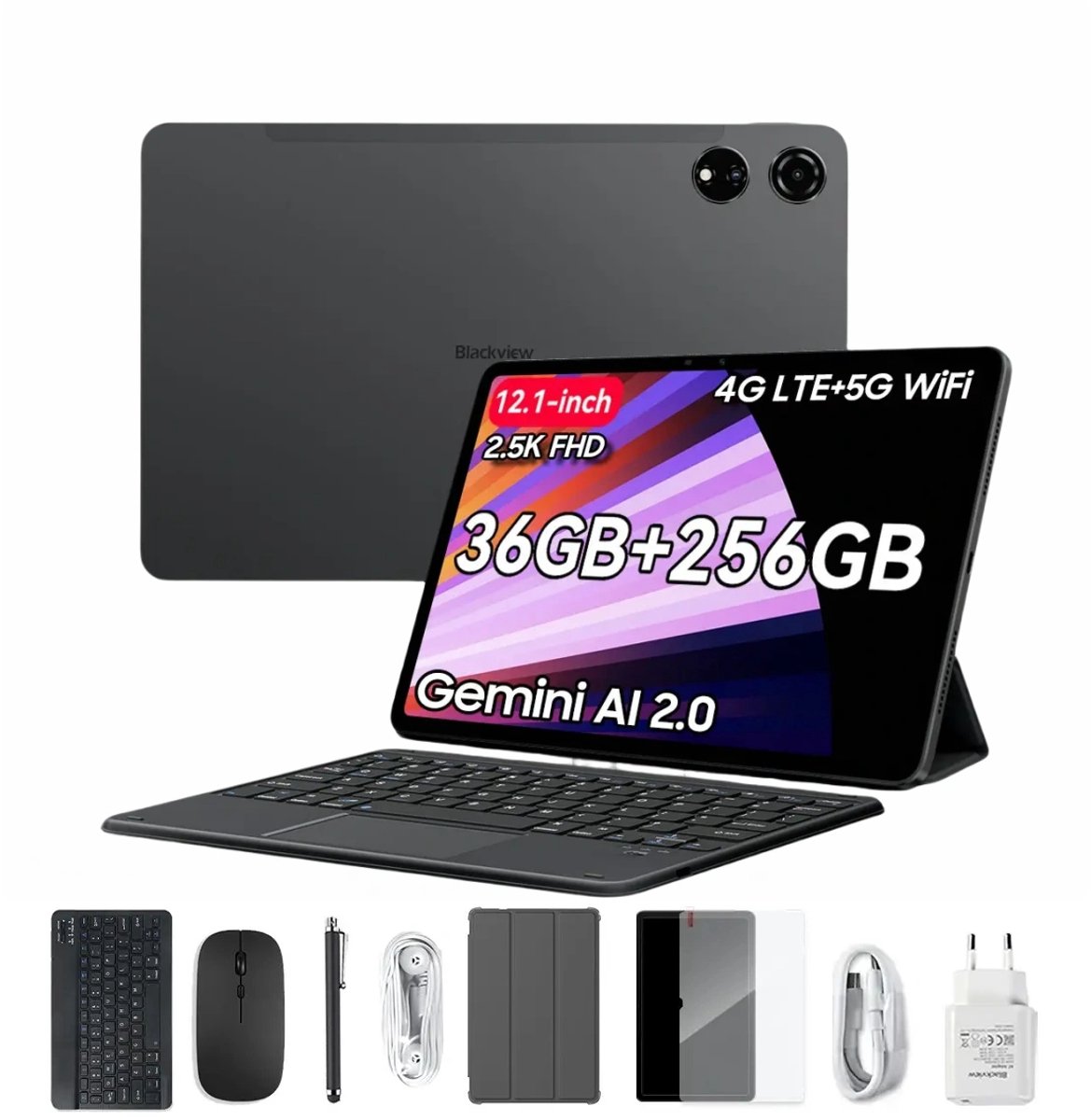 Blackview MEGA 3 Tablet Sets - Android 15 - 4G LTE+WiFi - 12.1 Inch - 36GB RAM - 256GB - Dual 4G LTE - 8800mAh - 13MP+50MP Camera - Grijs