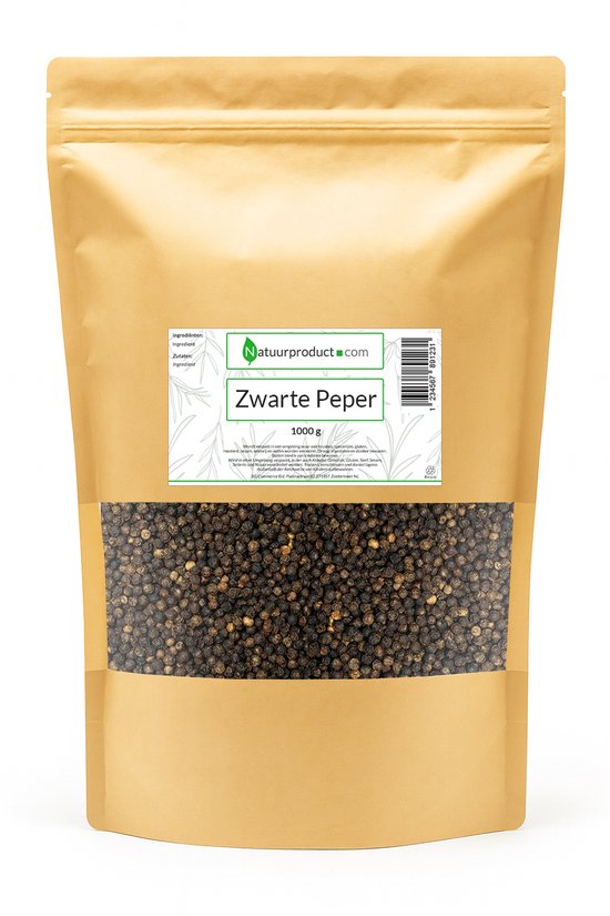 Bruine zak met een venster waar 1000g zwarte peperkorrels zichtbaar zijn. Natuurproduct.com Zwarte Peper.
